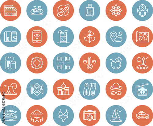 Vector set of leisure and tourism flat line web icons. Each icon with adjustable strokes neatly designed on pixel perfect 48X48 size grid. Fully editable and easy to use.