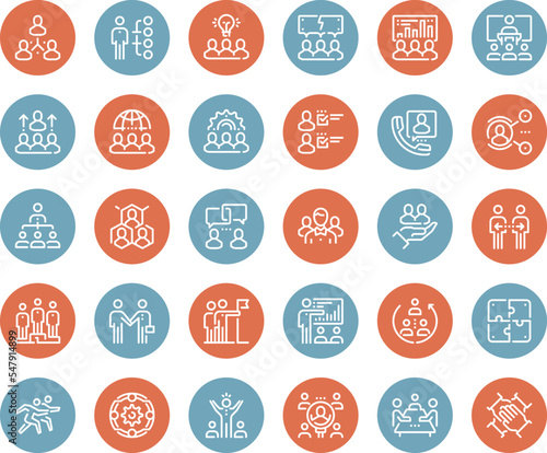 Vector set of team work flat line web icons. Each icon with adjustable strokes neatly designed on pixel perfect 48X48 size grid. Fully editable and easy to use.