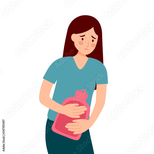 Woman having period pain concept vector illustration on white background. Menstrual cramps. Female relief pain with hot water bag.