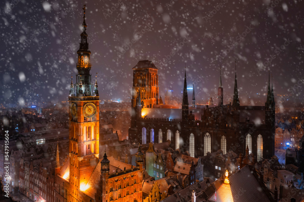 Night scenery of the Main Town of Gdansk during snowfall, Poland