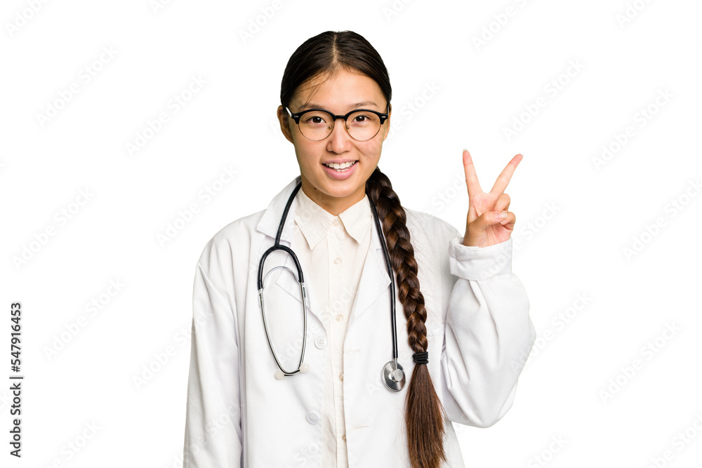 Young doctor asian woman isolated showing number two with fingers. Young doctor asian woman isolated showing number two with fingers.