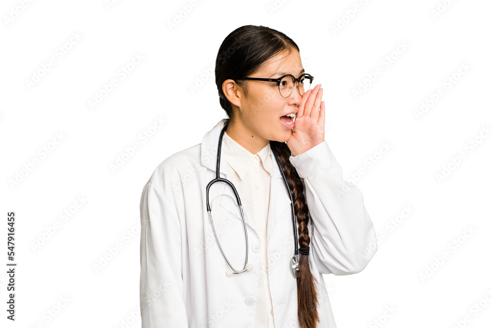 Young doctor asian woman isolated shouting and holding palm near opened mouth. Young doctor asian woman isolated shouting and holding palm near opened mouth.