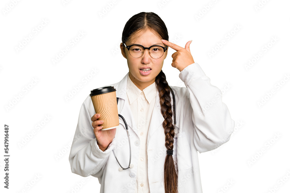 Young doctor asian woman holding a takeaway coffee isolated showing a disappointment gesture with forefinger. Young doctor asian woman holding a takeaway coffee isolated showing a disappointment gesture with forefinger.