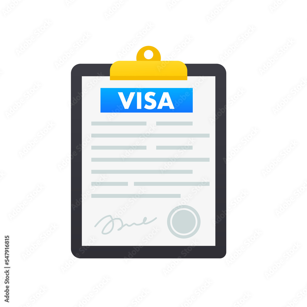 Visa document with signature and stamp Visa program logo design. Clipboard with a visa application form. World travel, tourism. Vector illustration