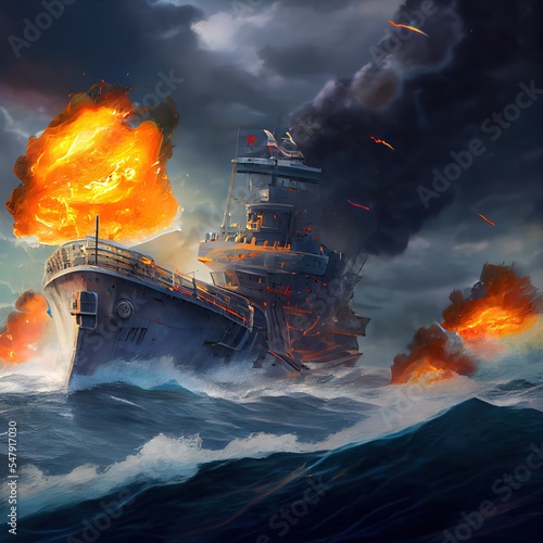 Stampa su tela the battleship drifts and burns in a stormy sea
