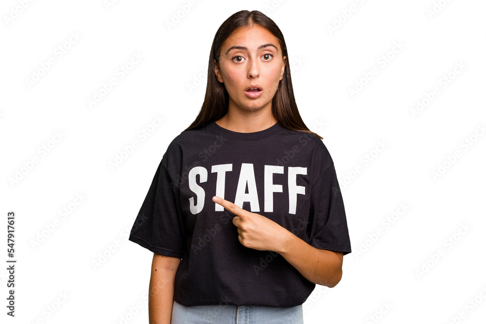 Young caucasian staff woman isolated pointing to the side Young caucasian staff woman isolated pointing to the side