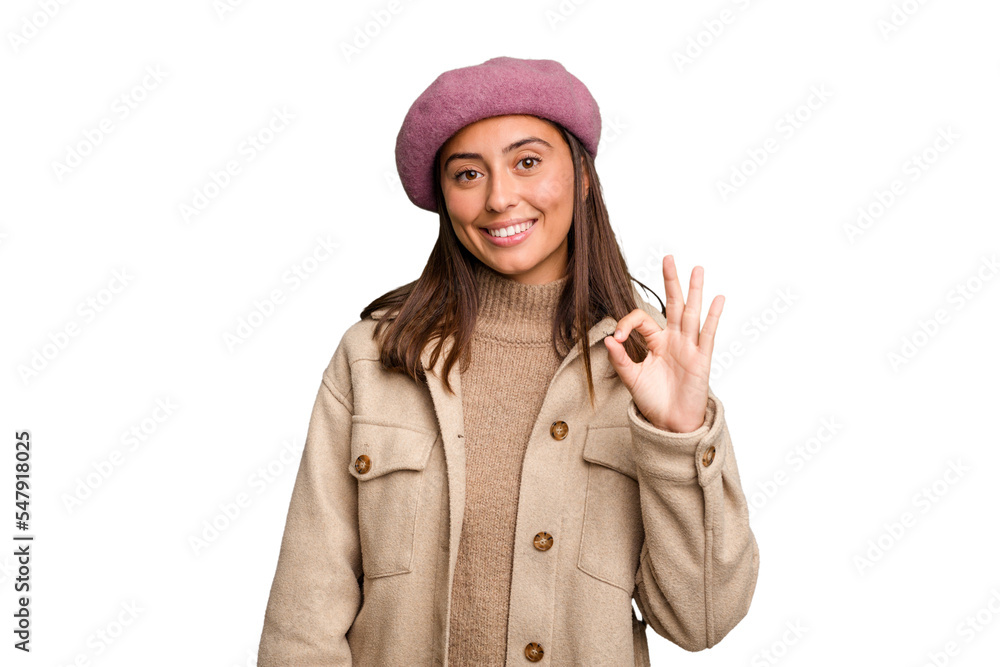 Young caucasian woman wearing winter jacket isolated cheerful and confident showing ok gesture. Young caucasian woman wearing winter jacket isolated cheerful and confident showing ok gesture.