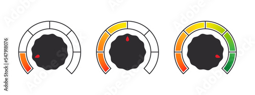 Scale from performance measurement. Adjustment dial. Control knob or round dial regulator. Vector illustration
