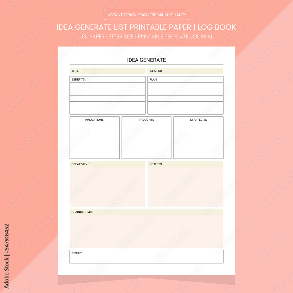 Naklejka premium Idea Generate List Printable | Idea Generate Diary Journal | Notebook Printable Template