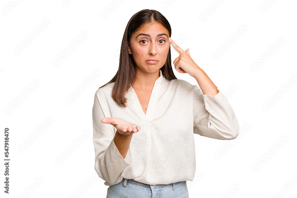 Young cute caucasian woman isolated holding and showing a product on hand. Young cute caucasian woman isolated holding and showing a product on hand.