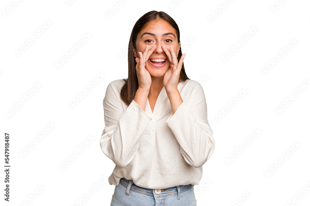 Young cute caucasian woman isolated saying a gossip, pointing to side reporting something. Young cute caucasian woman isolated saying a gossip, pointing to side reporting something.