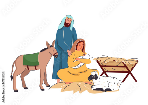 Christmas scene of baby Jesus with Mary and Joseph vector illustration. The Birth of Jesus Christ. Mary holding baby Jesus in a barn with animals. Christian Nativity. Bethlehem Star. Holy night.