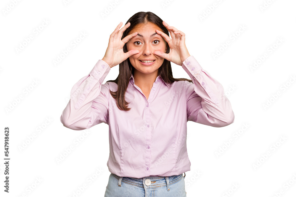 Young cute caucasian woman isolated keeping eyes opened to find a success opportunity. Young cute caucasian woman isolated keeping eyes opened to find a success opportunity.