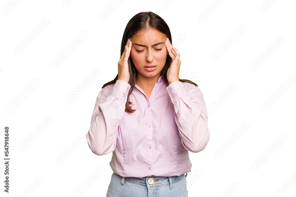 Young cute caucasian woman isolated having a head ache, touching front of the face. Young cute caucasian woman isolated having a head ache, touching front of the face.