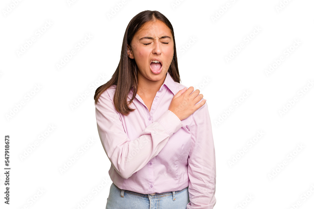 Young cute caucasian woman isolated having a shoulder pain. Young cute caucasian woman isolated having a shoulder pain.