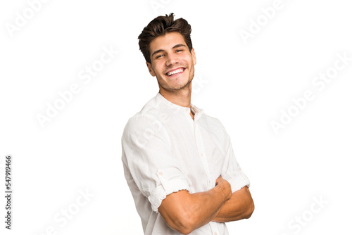 Young caucasian handsome man isolated happy, smiling and cheerful.