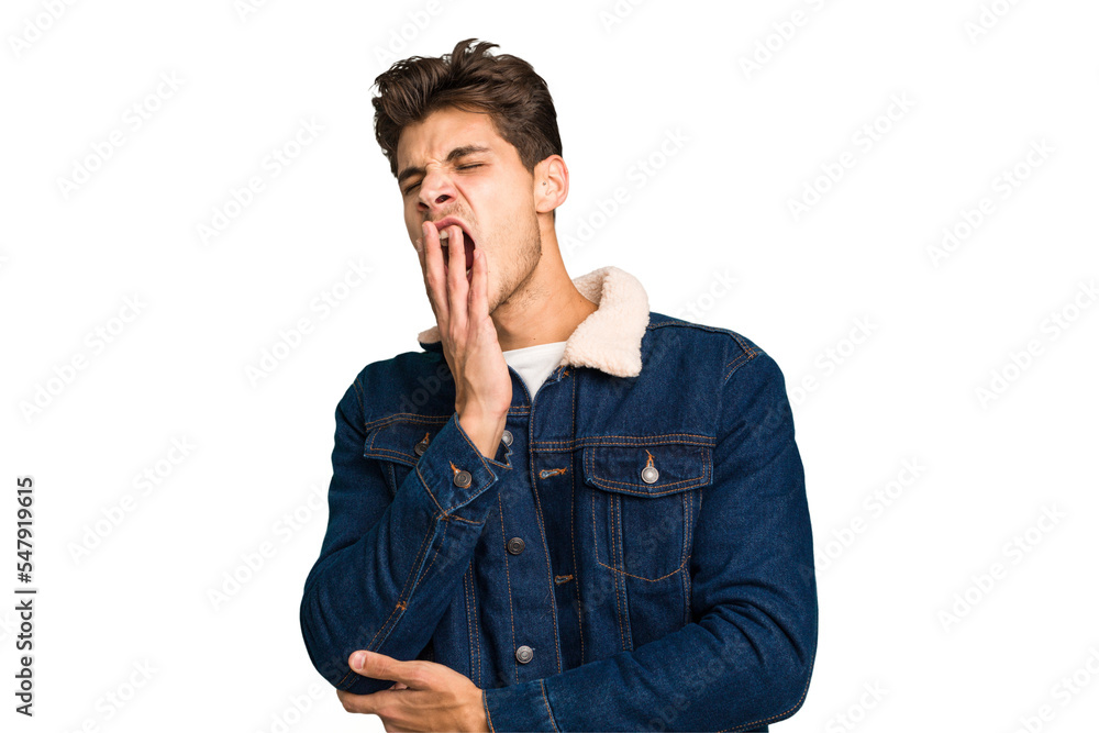 Young caucasian handsome man isolated yawning showing a tired gesture covering mouth with hand. Young caucasian handsome man isolated yawning showing a tired gesture covering mouth with hand.