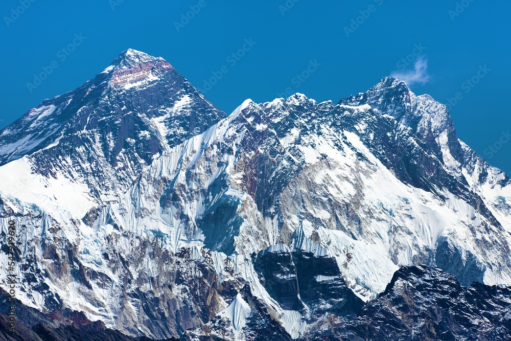 Mount Everest and Mt Lhotse from Renjo pass blue colored - obrazy, fototapety, plakaty 