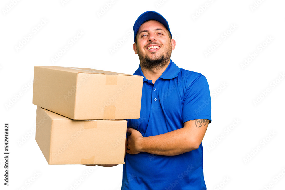 Delivery caucasian man isolated laughing and having fun. Delivery caucasian man isolated laughing and having fun.