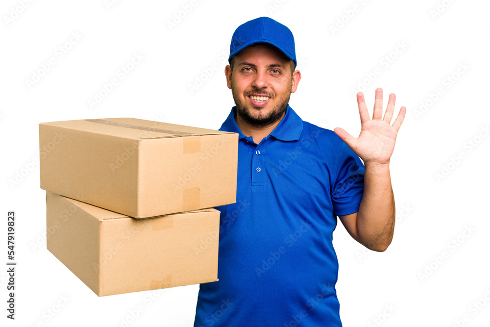 Delivery caucasian man isolated smiling cheerful showing number five with fingers. Delivery caucasian man isolated smiling cheerful showing number five with fingers.
