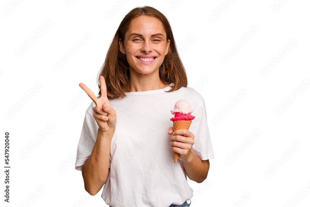 Young caucasian woman holding an ice cream isolated showing number two with fingers. Young caucasian woman holding an ice cream isolated showing number two with fingers.