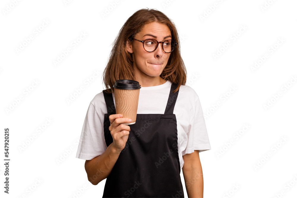 Young caucasian woman holding takeaway coffee isolated confused, feels doubtful and unsure. Young caucasian woman holding takeaway coffee isolated confused, feels doubtful and unsure.