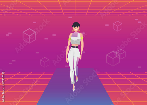 Model walks the runaway in metaverse or virtual reality, flat vector illustration.