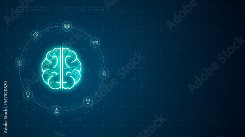 Blue digital brain LOGO with line connection and data transfer to futuristic icon technology on abstract background concept