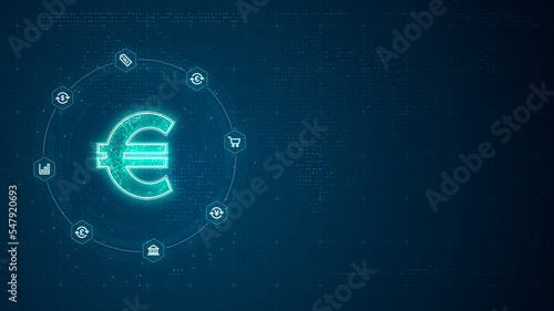 Blue digital money LOGO with line connection and data transfer to futuristic icon technology abstract background