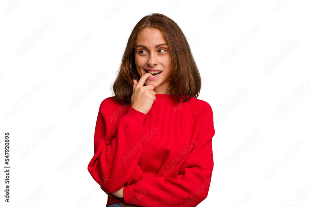 Young caucasian woman isolated relaxed thinking about something looking at a copy space. Young caucasian woman isolated relaxed thinking about something looking at a copy space.