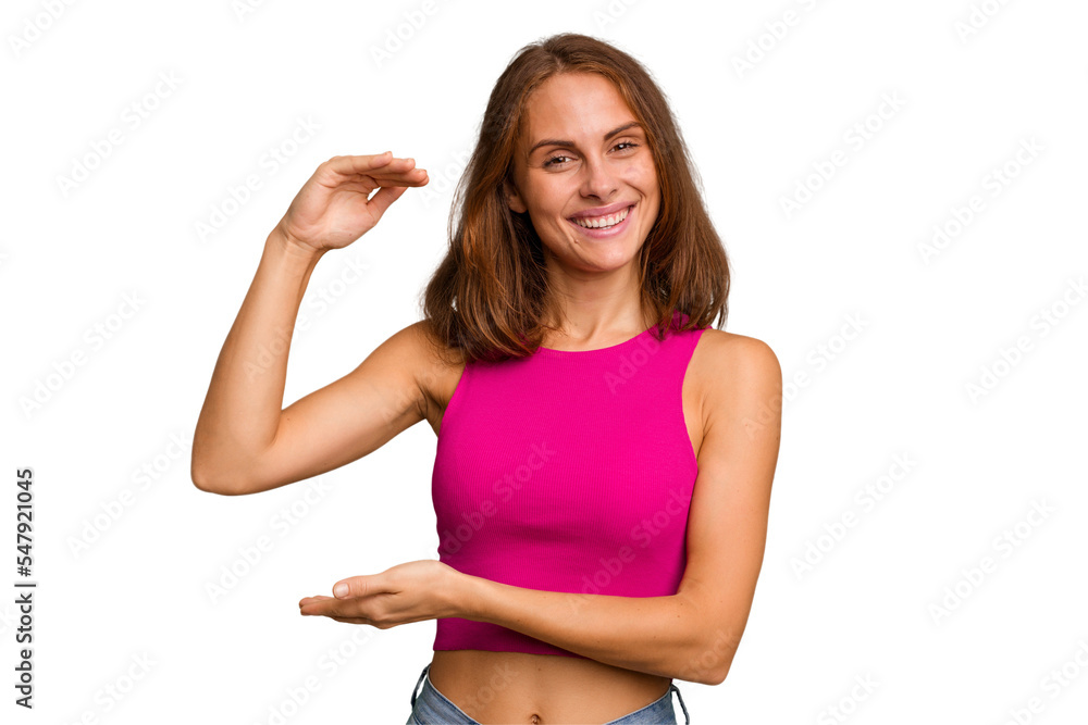 Young caucasian woman isolated holding something little with forefingers, smiling and confident. Young caucasian woman isolated holding something little with forefingers, smiling and confident.