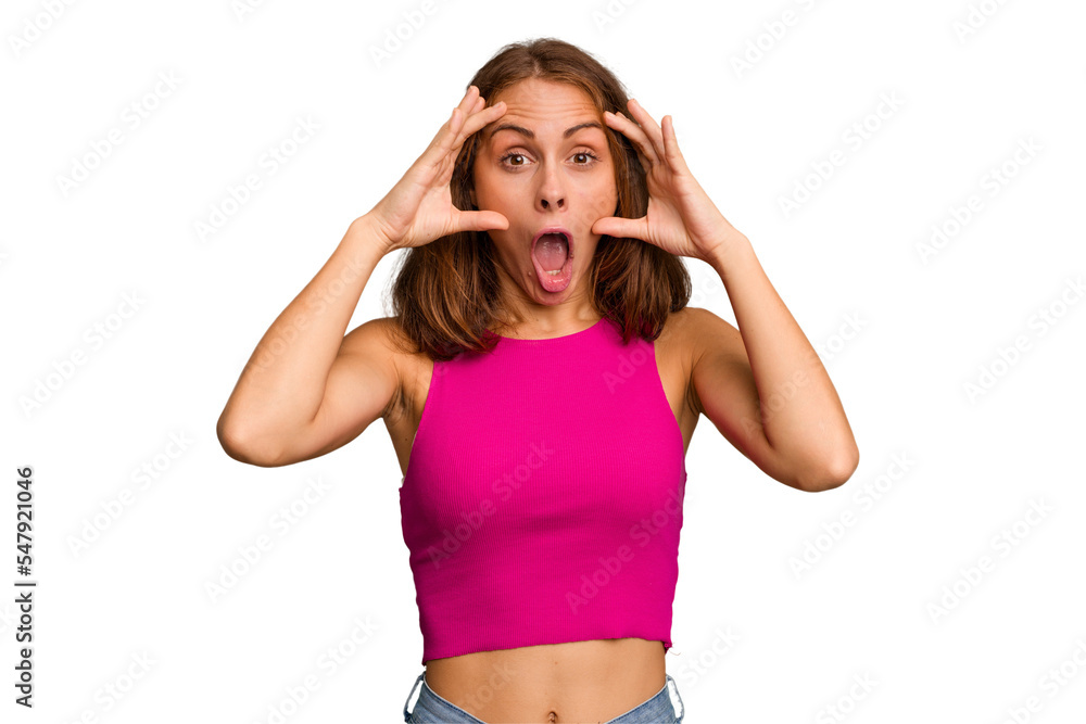 Young caucasian woman isolated receiving a pleasant surprise, excited and raising hands. Young caucasian woman isolated receiving a pleasant surprise, excited and raising hands.