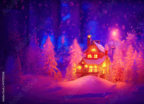 Christmas story landscape, decorative image with a little house in a snowy forest, image for advertising or Christmas background © Fernando Cortés