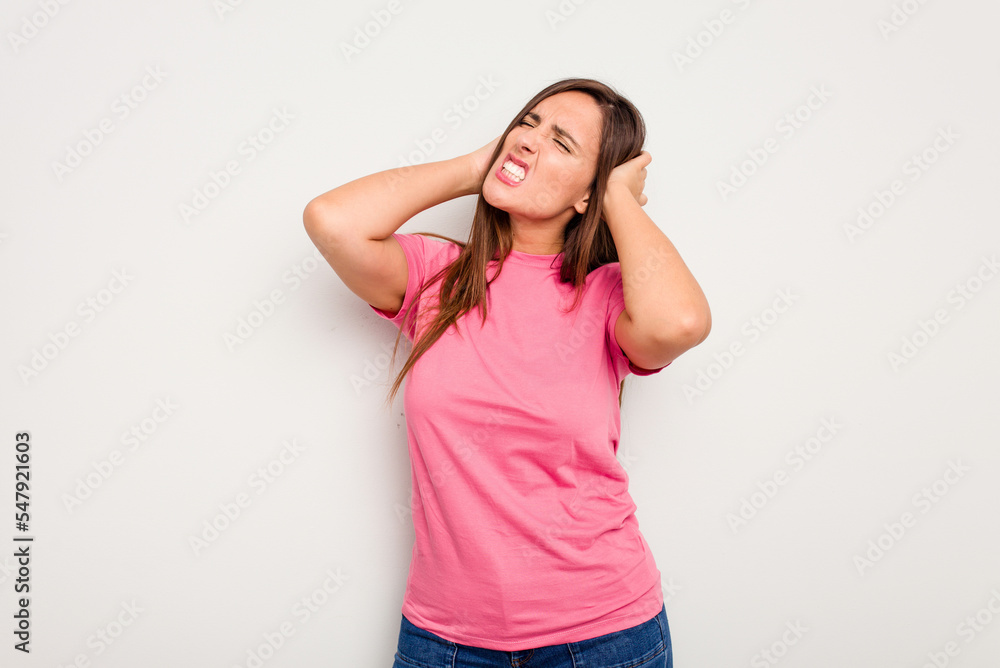 Young caucasian cute woman isolated on white background covering ears with hands. Young caucasian cute woman isolated on white background covering ears with hands.