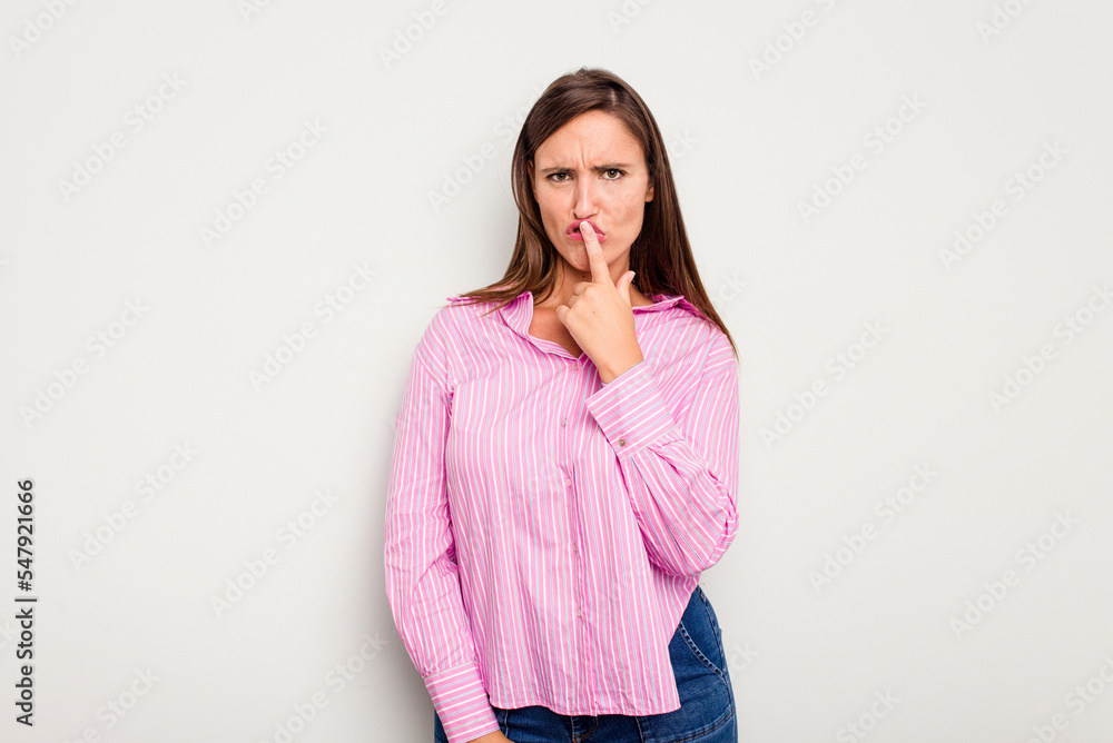 Young caucasian cute woman isolated on white background thinking and looking up, being reflective, contemplating, having a fantasy. Young caucasian cute woman isolated on white background thinking and looking up, being reflective, contemplating, having a fantasy.