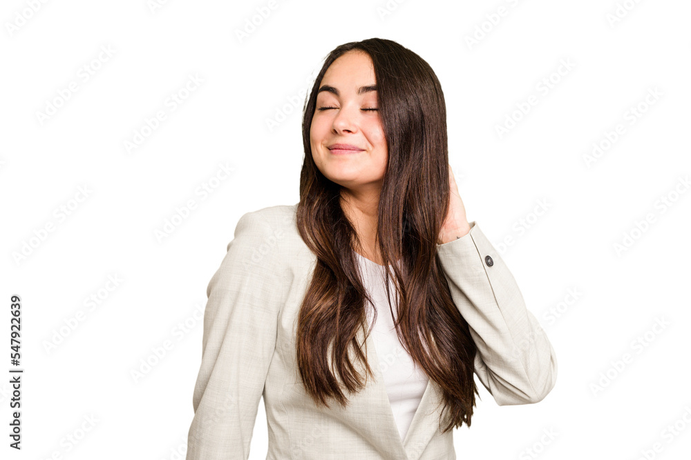 Young caucasian woman isolated on green chroma background feeling confident, with hands behind the head. Young caucasian woman isolated on green chroma background feeling confident, with hands behind the head.