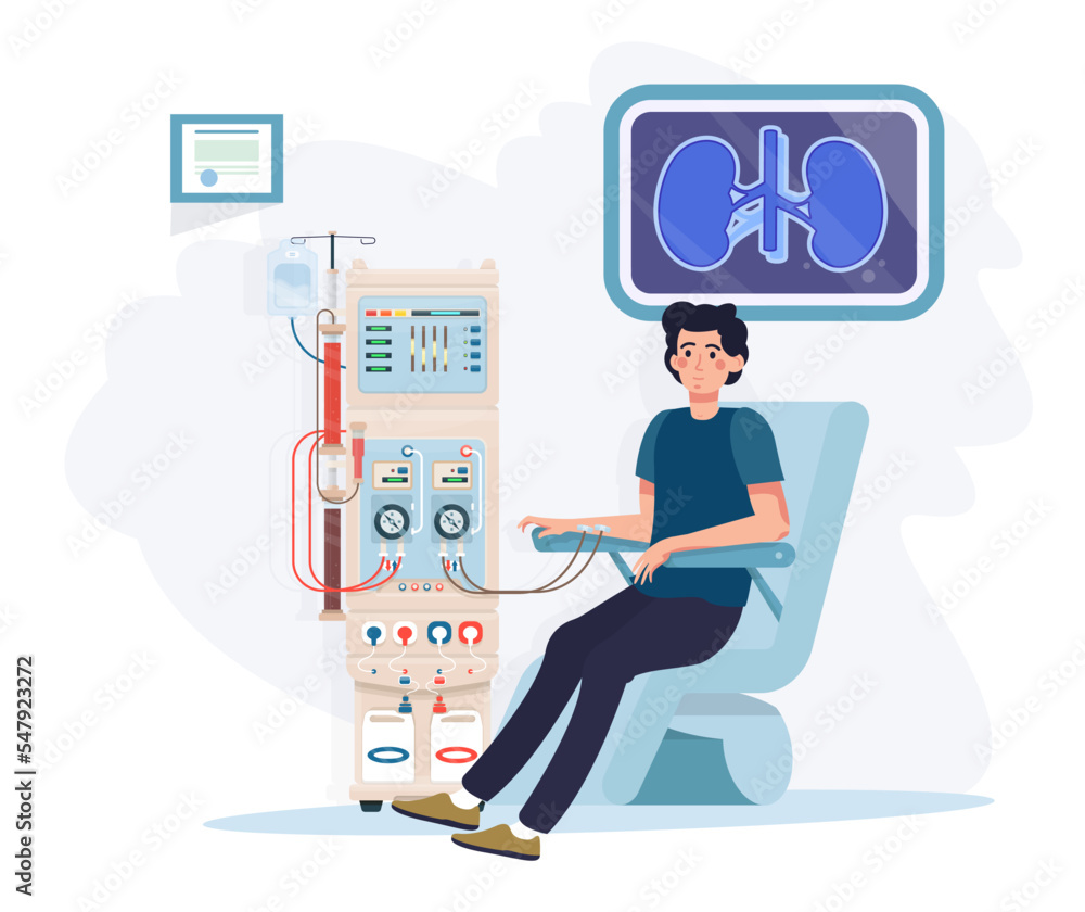 Man sitting in chair on hemodialysis therapy. Hemodialysis equipment machine for treatment renal diseases failure. Cleansing and transfusion of blood through dialysis machine. Flat vector Man sitting in chair on hemodialysis therapy. Hemodialysis equipment machine for treatment renal diseases failure. Cleansing and transfusion of blood through dialysis machine. Flat vector