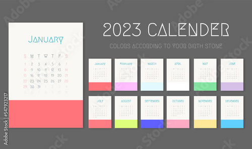 Calendar 2023 week start Sunday corporate design template vector. Calendar colored according to birth stone.