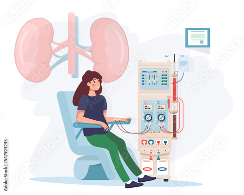 Woman sitting in chair on hemodialysis therapy.  Hemodialysis equipment machine for treatment renal diseases failure. Cleansing and transfusion of blood through dialysis machine. Flat vector 