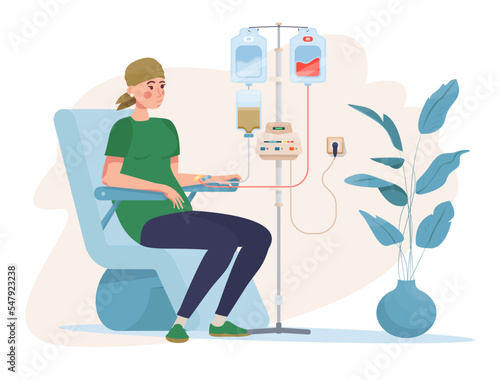 Woman patient having chemotherapy. Oncology concept. Patient undergoing chemo with a dropper. Woman wearing kerchief. Medical condition. Breast cancer.