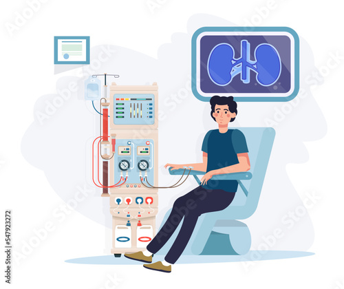 Man sitting in chair on hemodialysis therapy. Hemodialysis equipment machine for treatment renal diseases failure. Cleansing and transfusion of blood through dialysis machine. Flat vector