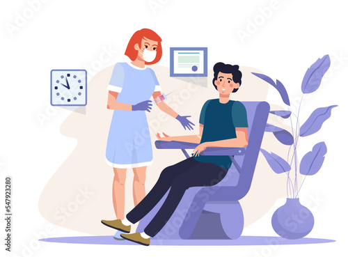 Male character giving blood. Man taking blood test. Nurse wearing mask taking blood sample for test composition. Blood analysis. Medical clinic or hospital. Flat vector illustration
