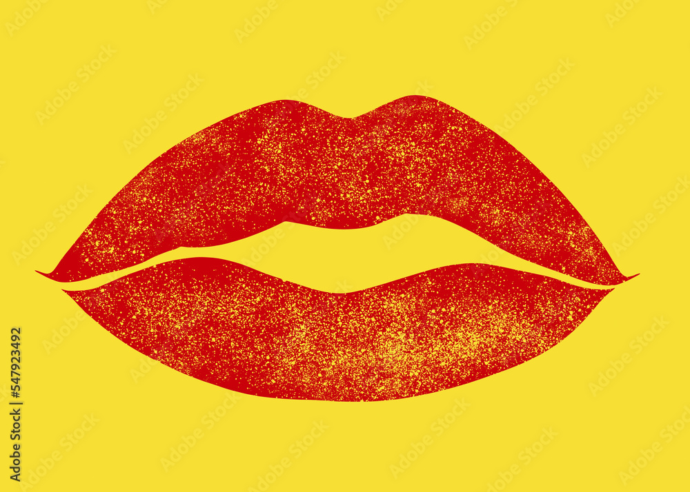 The mark of red lipstick (a pair of female lips), printed on a yellow surface, with grunge imperfections (worn out paint).
The mark of red lipstick (a pair of female lips), printed on a yellow surface, with grunge imperfections (worn out paint).