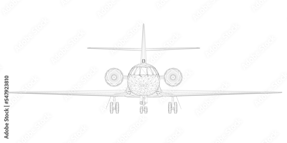 Passenger aircraft wireframe from black lines isolated on white background. Front view. 3D. Vector illustration.