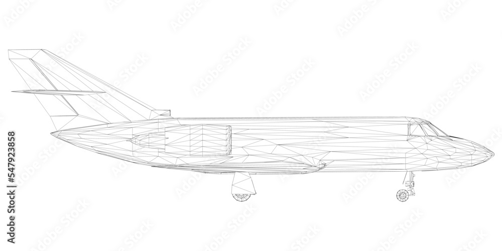 Passenger aircraft wireframe from black lines isolated on white background. Side view. 3D. Vector illustration.