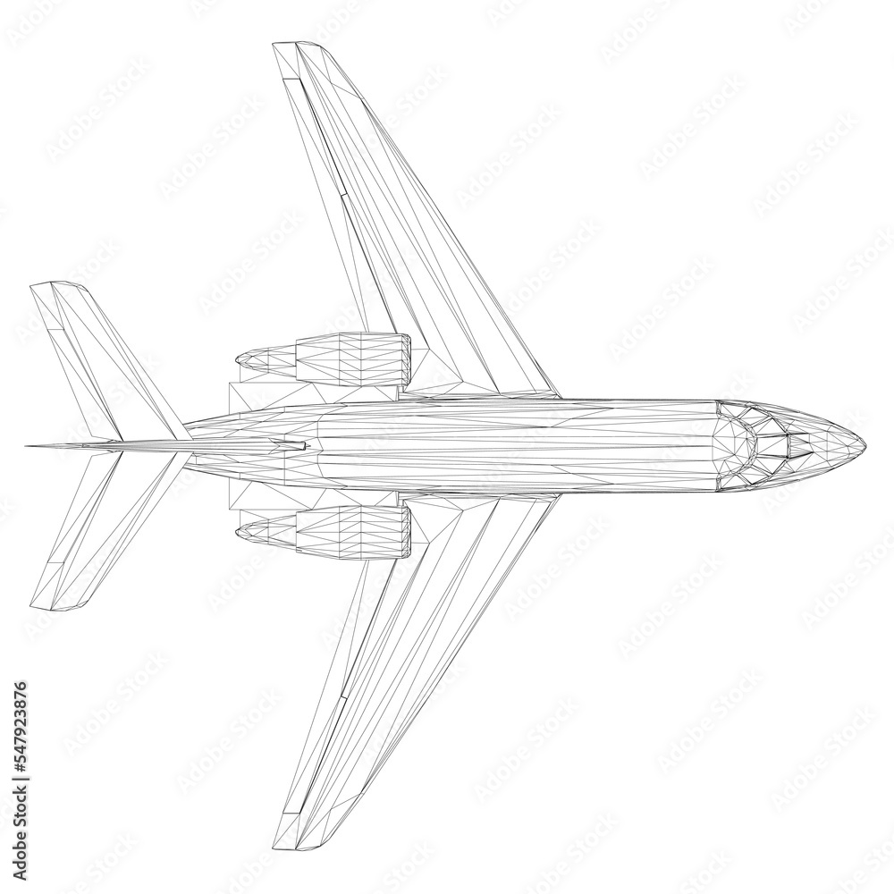 Passenger aircraft wireframe from black lines isolated on white background. View from above. 3D. Vector illustration.