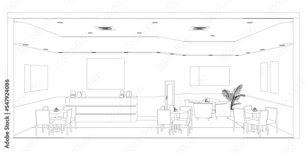 Fototapeta premium The contour of the cafe premises with tables and reception from black lines isolated on a white background. Front view. 3D. Vector illustration.