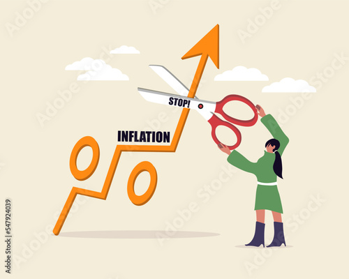 Stop Inflation. Economic crisis, Fed raised the Central Bank interest rate to curb soaring inflation. Businesswoman cuts a percentage mark with scissors. Vector illustration for Web Banner, Mobile