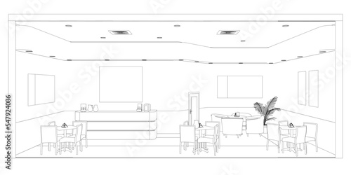 The contour of the cafe premises with tables and reception from black lines isolated on a white background. Front view. 3D. Vector illustration.