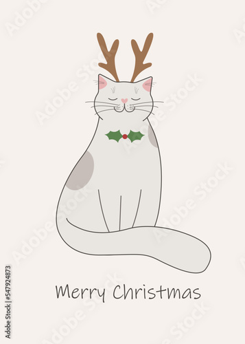 Cat with antlers its head and Christmas tree branch on the neck instead of a butterfly.